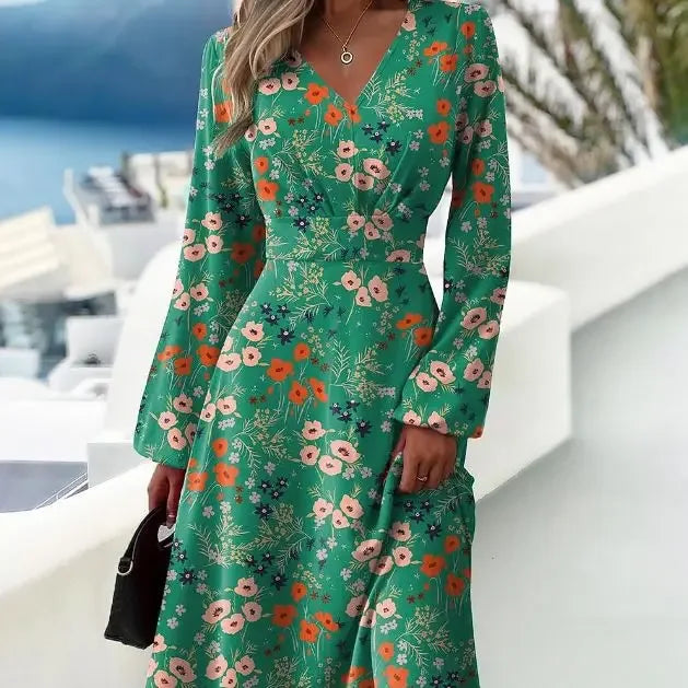 Slim Fit Printed V-neck Long Sleeve Dress Green Bazaare Mart Long Sleeve Midi Dress