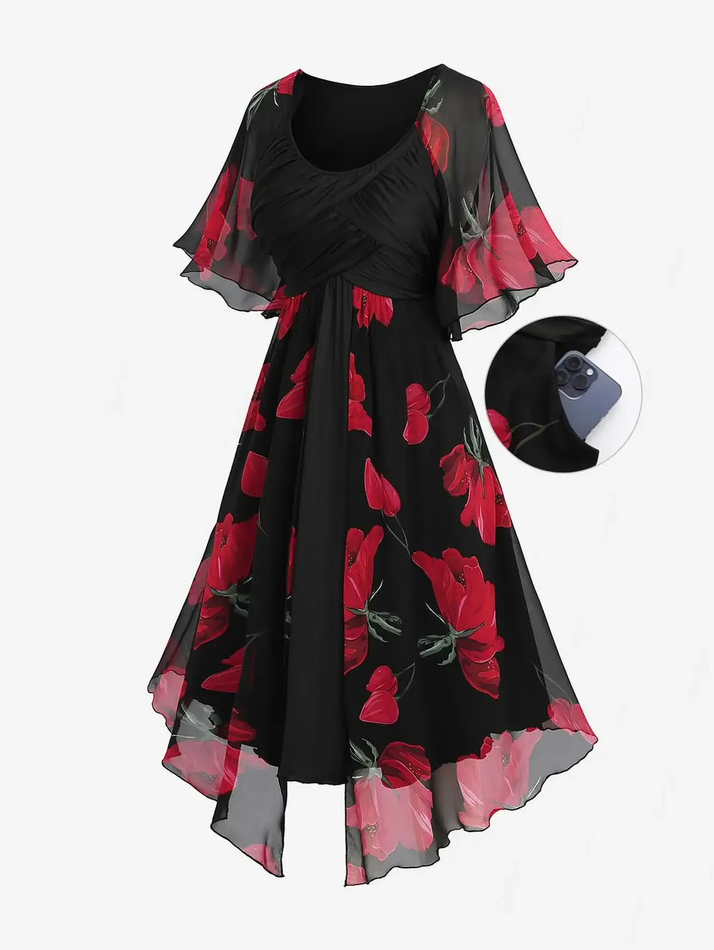 Red Floral Black Layered Chiffon Dress Black Bazaare Mart Red Floral Black Layered Chiffon Dress