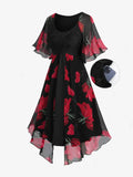 Red Floral Black Layered Chiffon Dress Black Bazaare Mart Red Floral Black Layered Chiffon Dress