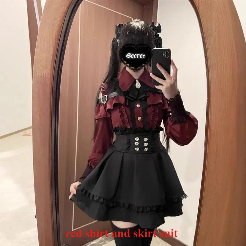 Dark Sweet Heart Ground Type Lolita Set, Ruffle Sleeve Top & A-line Skirt, Cute Kawaii Japanese Style Gothic Coord Outfit S-XL red Shirt and skirt Bazaare Mart