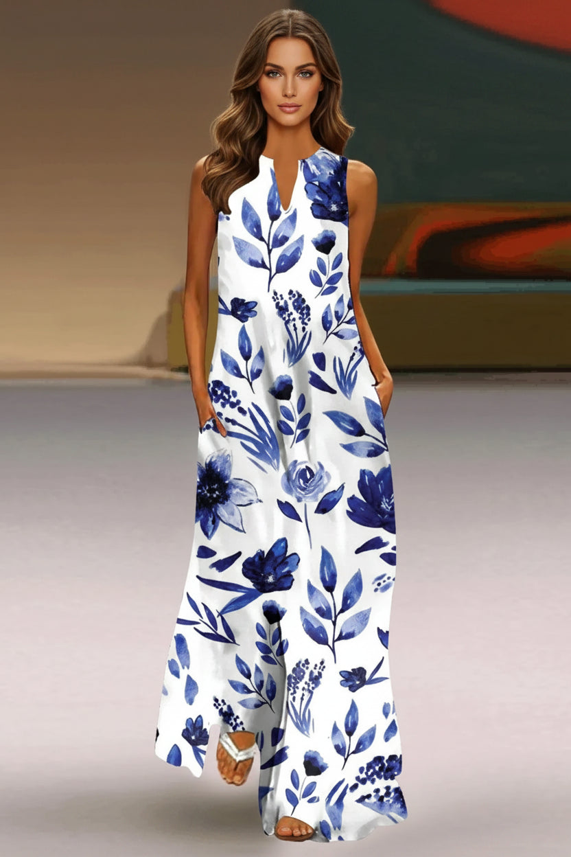 Women's Sleeveless Floral Maxi Dress with Pockets – Casual V-Neck Summer Beach Dress Blue Porcelain Floral China Mainland Bazaare Mart Floral Maxi Dresses