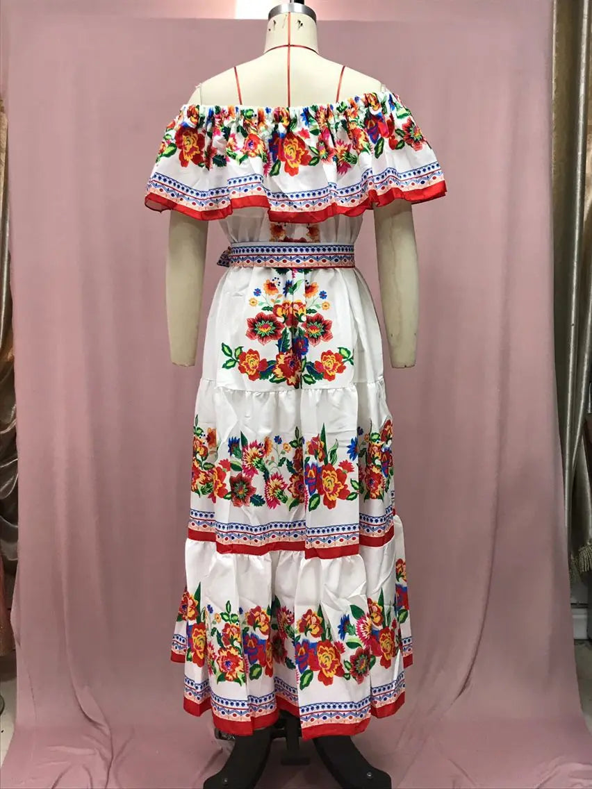 Off-shoulder Long Ruffled Peasant Dress