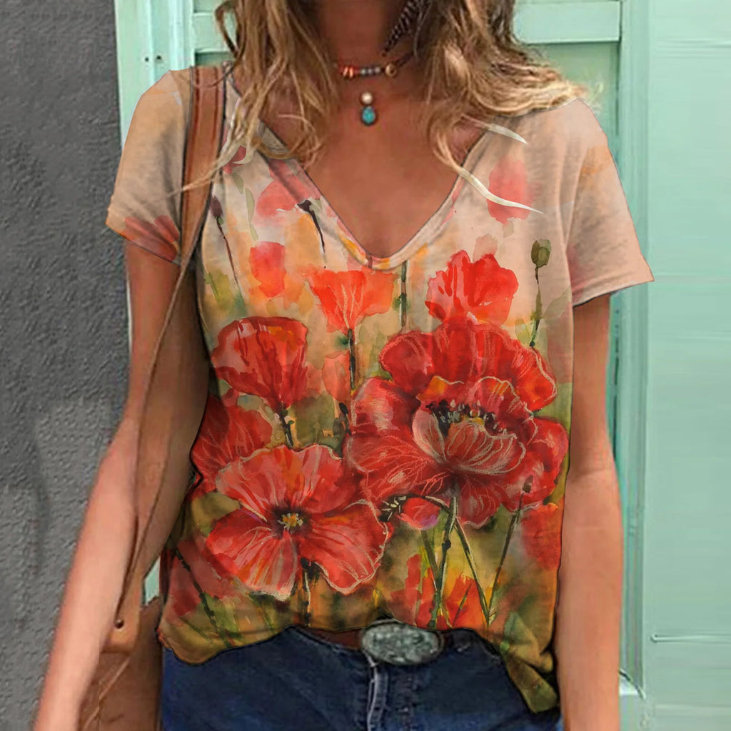 Floral Print V-Neck T-Shirts Bazaare Mart Floral V-Neck Tee