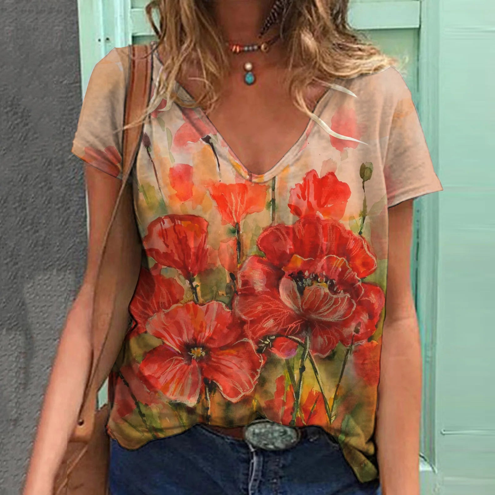 Floral Print V-Neck T-Shirts Bazaare Mart Floral V-Neck Tee