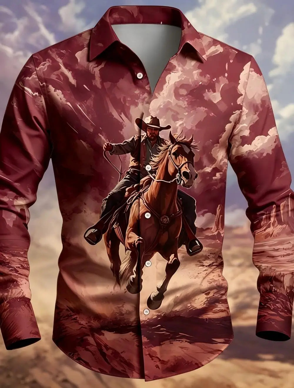 Men's Western Cowboy Riding Shirt – 3D Printed Long Sleeve Button-Up