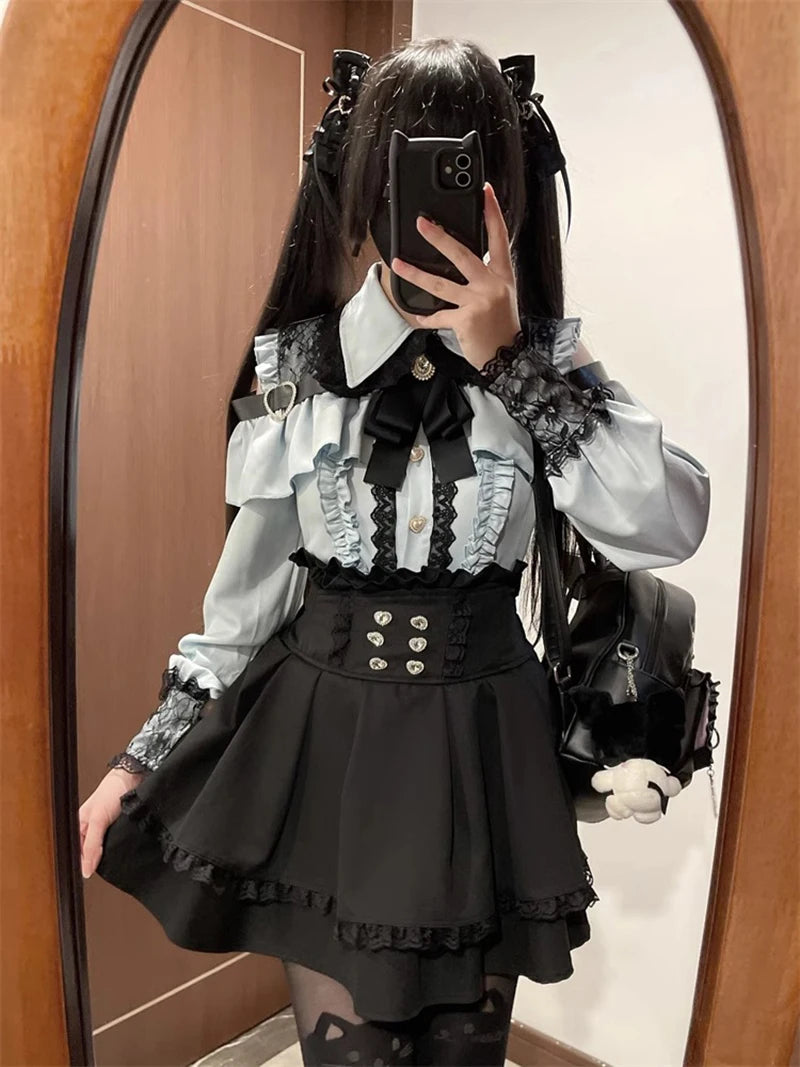 Jirai kei Shirt JK Skirt Japanese Style Lolita Y2K Sweet School Uniform Blouse Top Dress Darkness Outfit Women Girls Theme Party Bazaare Mart