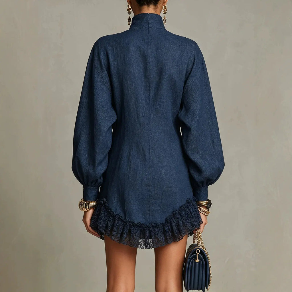 Denim Mini Dress – High Collar, Gold Buttons & Lace Ruffle Hem
