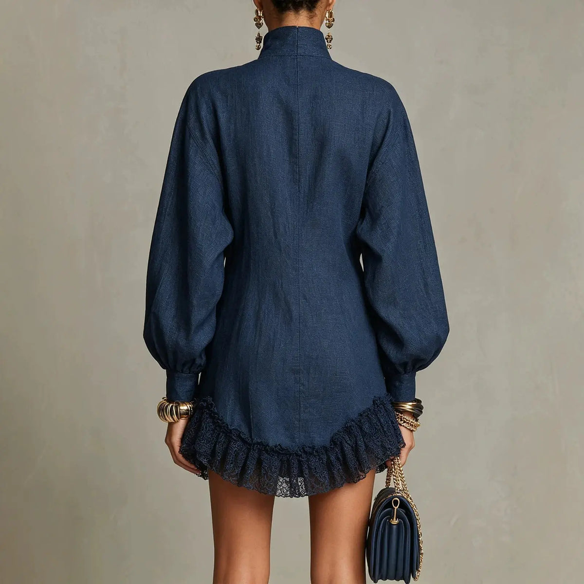 Denim Mini Dress – High Collar, Gold Buttons & Lace Ruffle Hem