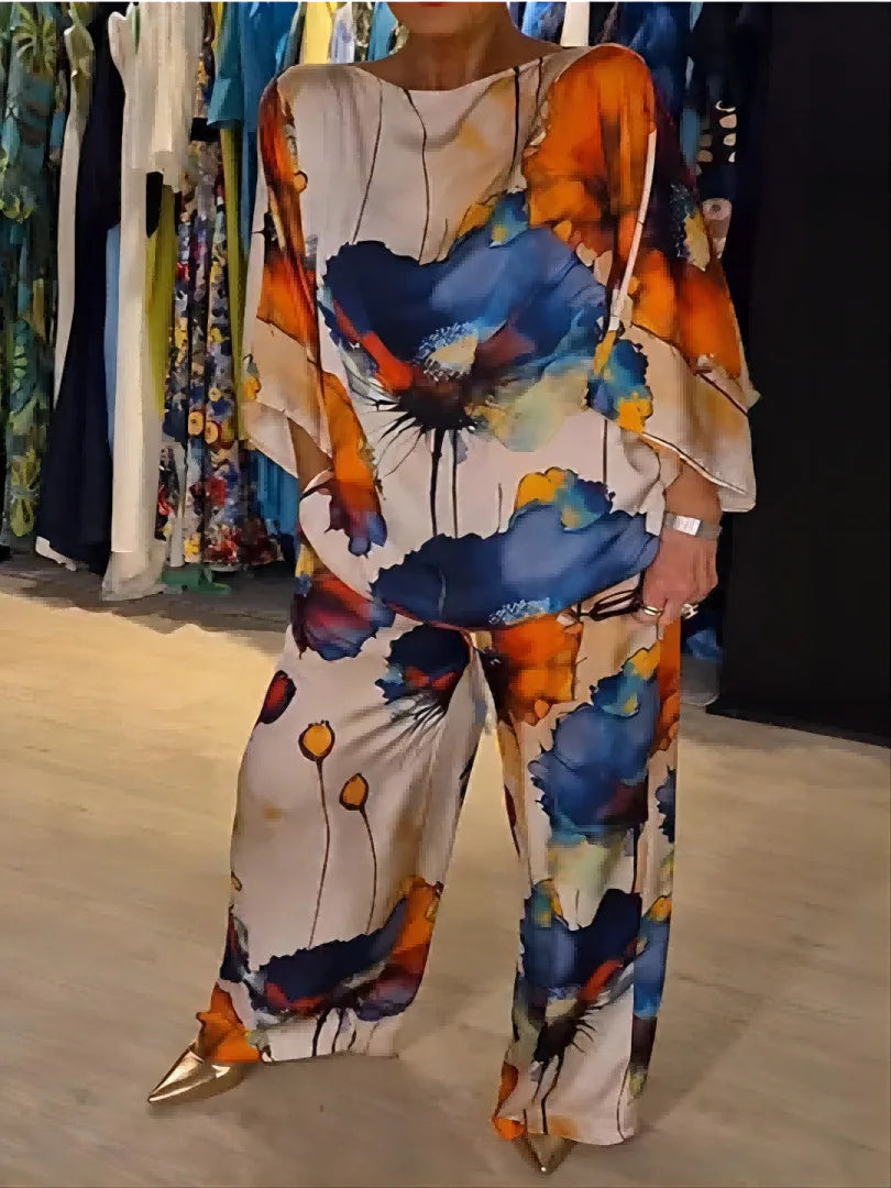 Printed Satin Two-piece Set, 3/4 Sleeve Round Neck Pants, Summer Fashion, Pants Sets