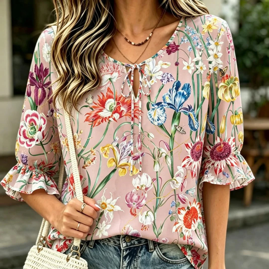 Women's Vibrant Floral Print Ruffle Sleeve Blouse – Tie Neck Boho Top for Spring & Summer Bazaare Mart Floral Blouse