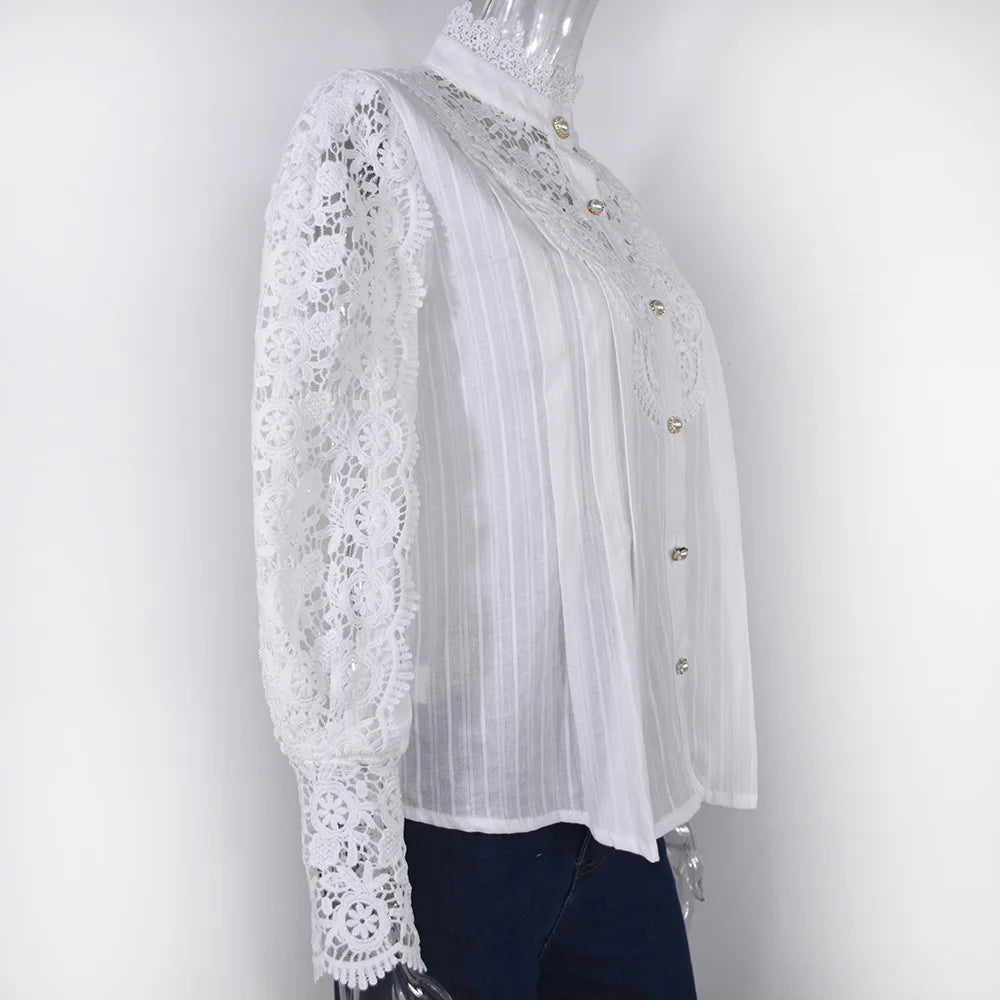 Vintage Lace Long Sleeve Pearl Button Blouse