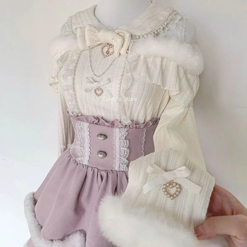 Jirai Kei Layered Skirt Outfit Lolita Y2K Pink Lace Pearl Long Sleeve Top Women Sweet Kawaii High Waist Japanese Style Xmas Set Bazaare Mart