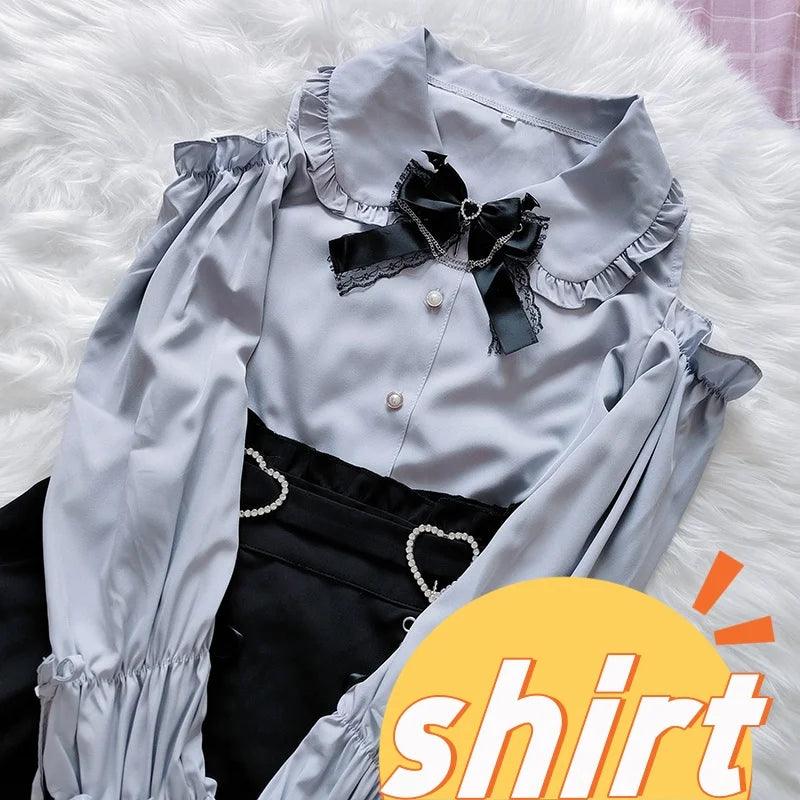 Women's Kawaii Lolita Blouse – Japanese-Inspired Peter Pan Collar Shirt with Lace & Bow Details 36 shirt Bazaare Mart Blouse