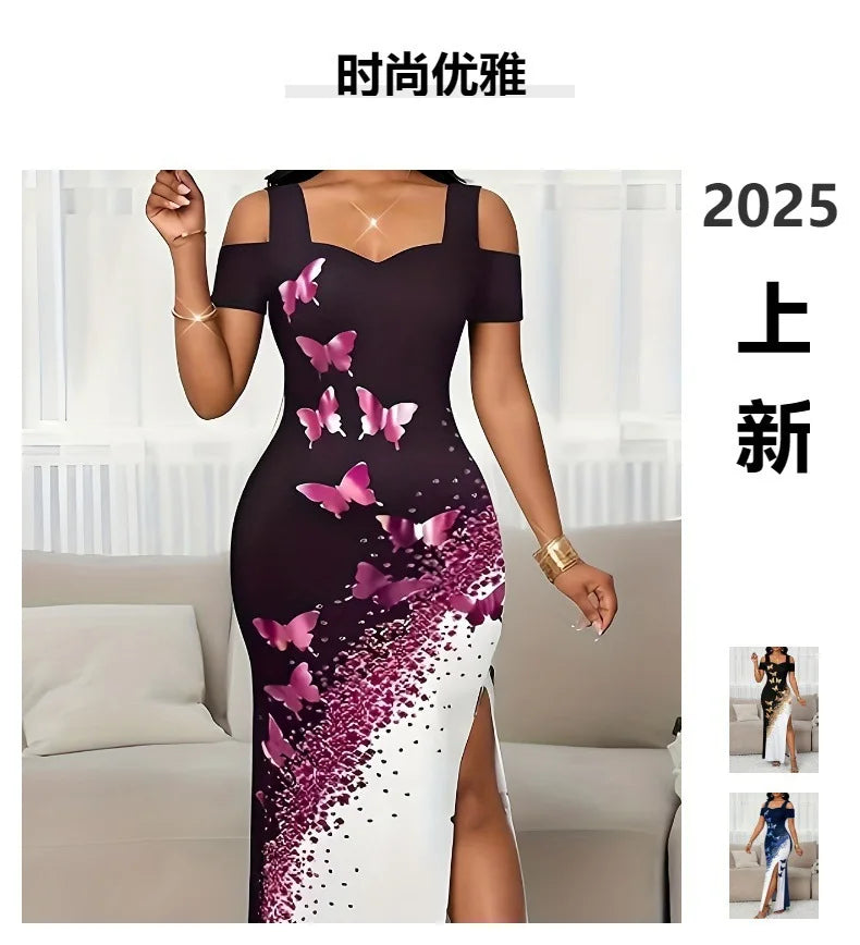 Summer Long Dress Elegant Fashionable Slim-fitting Printed Commuting Style V-neck Off-shoulder Slit Mid-waist Sleeveless Dresses Bazaare Mart