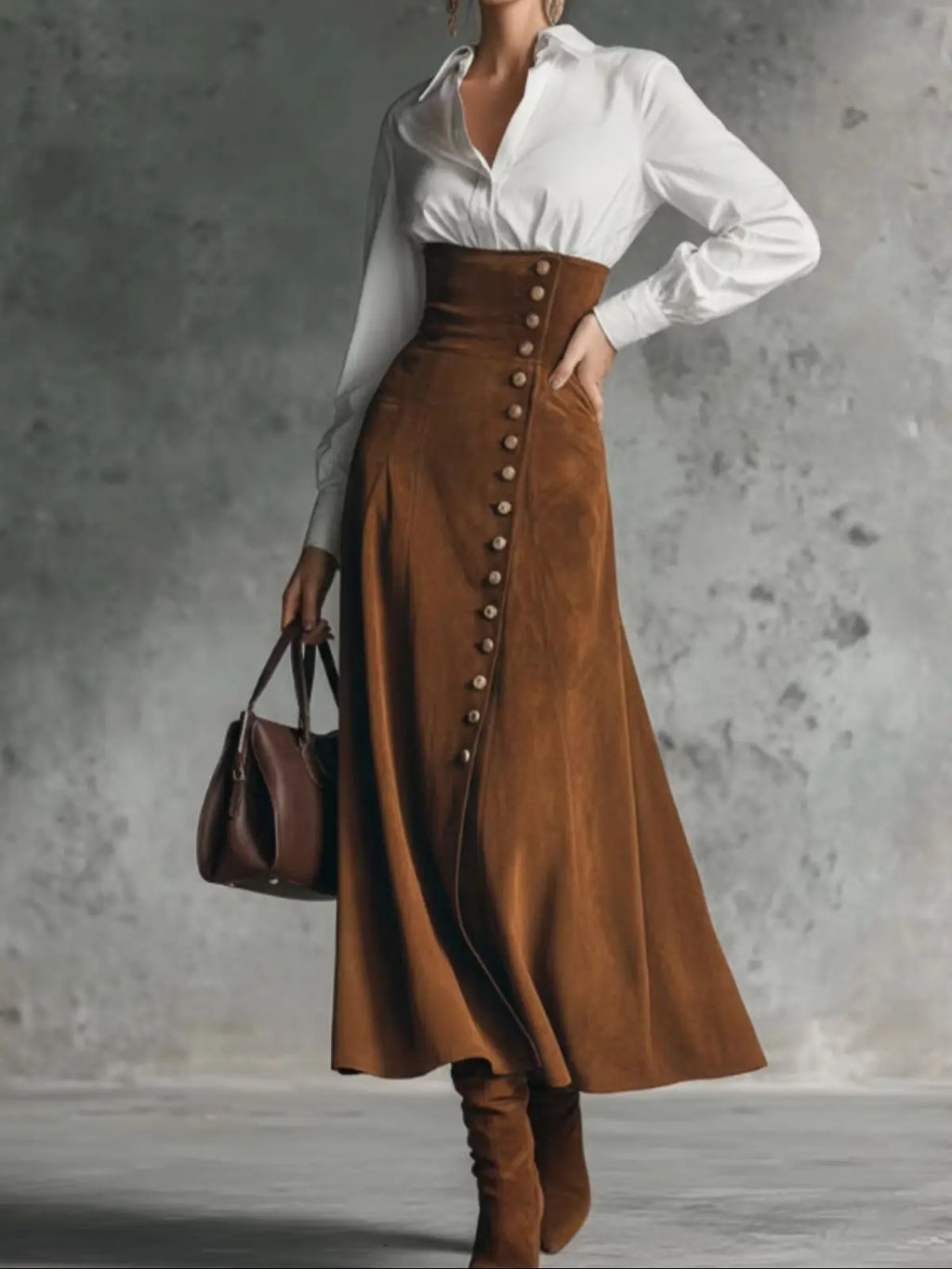 Two-Piece Long Sleeve Shirt & Flared High Waist Midi Skirt Set