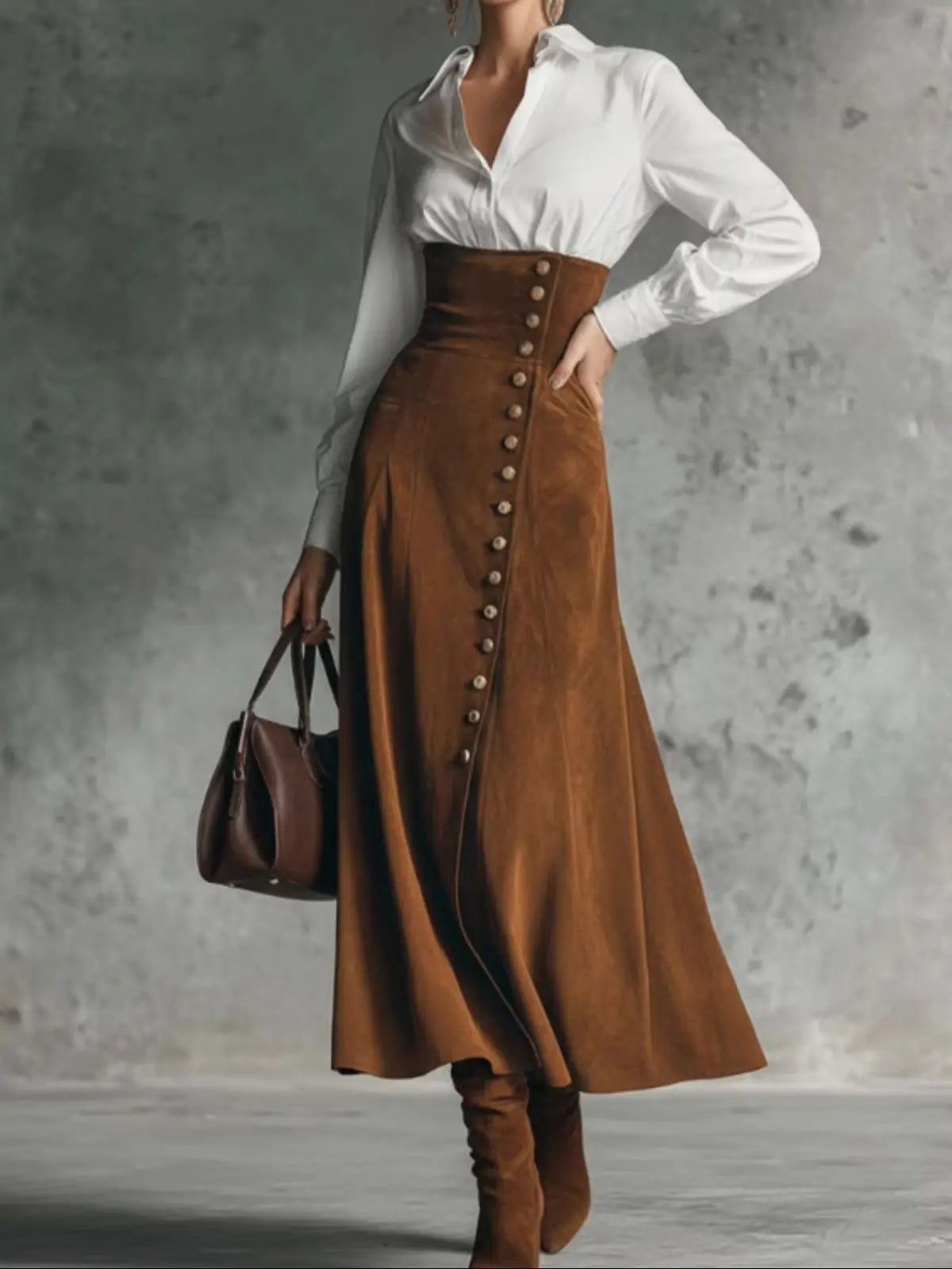 Two-Piece Long Sleeve Shirt & Flared High Waist Midi Skirt Set