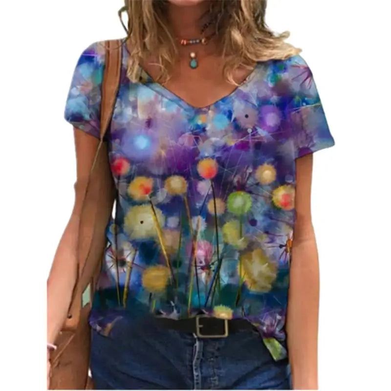 Women's Floral 3D Print V-Neck T-Shirt