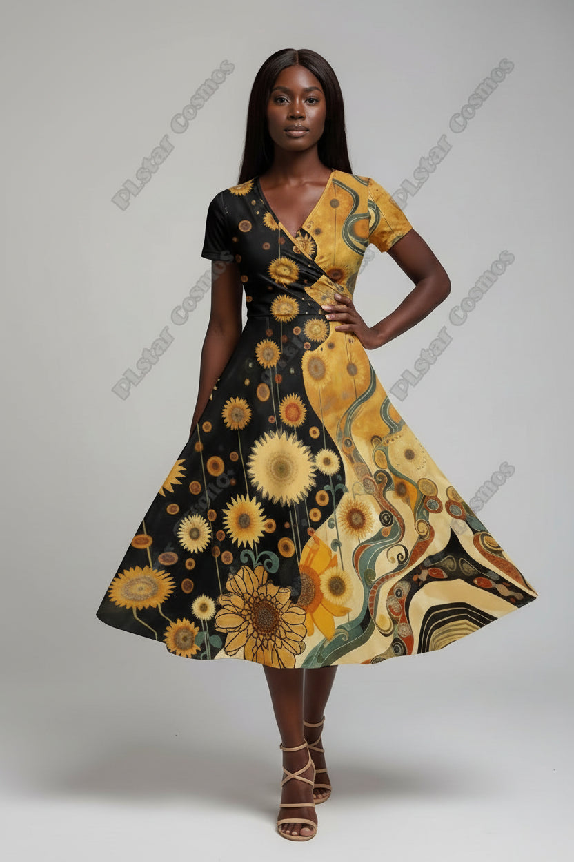 Women's Floral V-Neck Fit & Flare Dress – Short Sleeve A-Line Midi Dress, Sizes S-3X 2 Bazaare Mart Short Sleeve Printed Surplice Dresses