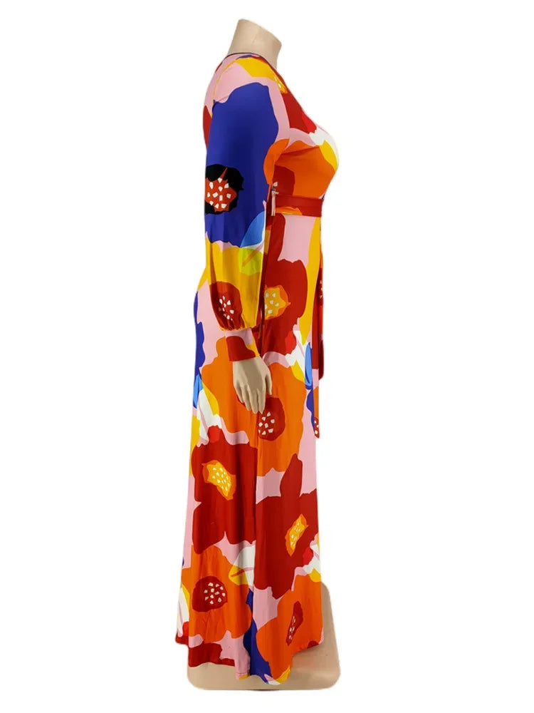 Colorful Long Sleeve Large Print Flower Maxi Dress Bazaare Mart Colorful Long Sleeve Large Print Flower Maxi Dress