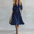 Navy Corduroy 3/4 Sleeve V-Neck Gold Button Midi Dress