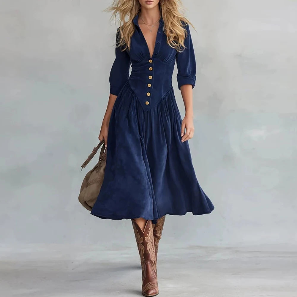 Navy Corduroy 3/4 Sleeve V-Neck Gold Button Midi Dress