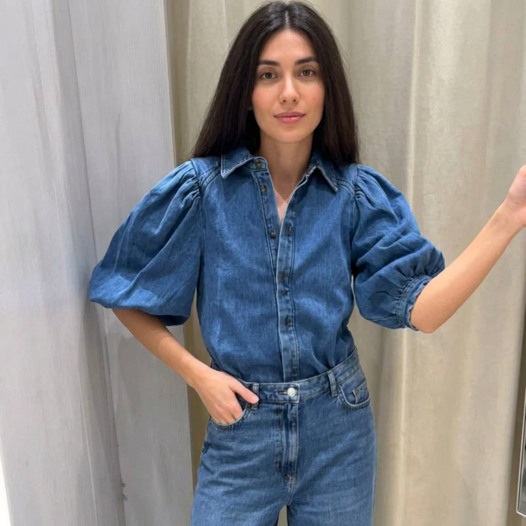 Denim Puff Sleeve Shirt & Wide Leg Jeans