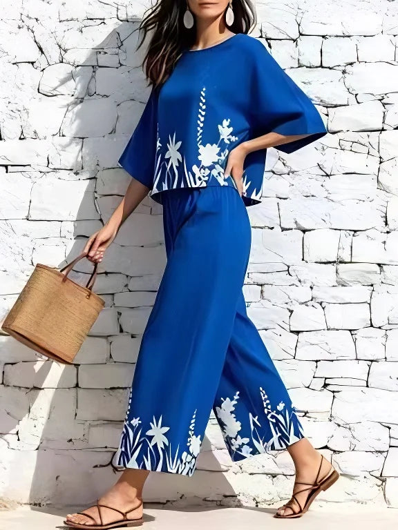 Floral Two-Piece Set with Wide-Leg Pants