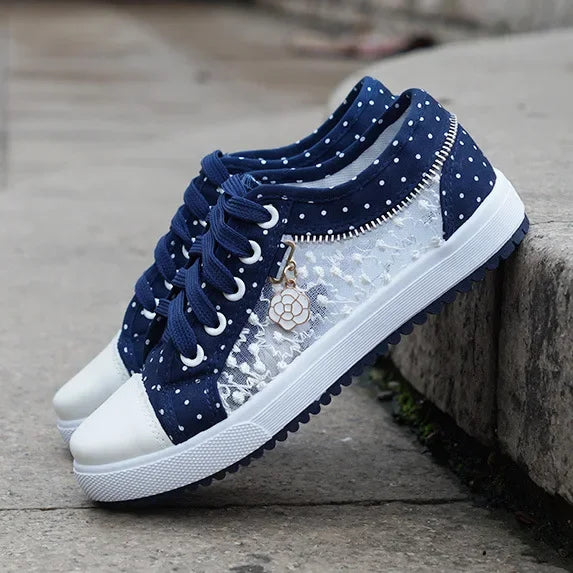Unique Hollow Mesh Polka Dot Denim Sneakers