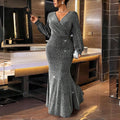 Spring Plus Size Fashion Elegant Temperament Dress Long Sleeve V Neck Slim Evening Gown Formal Party Prom Cocktail Dress Silver Bazaare Mart
