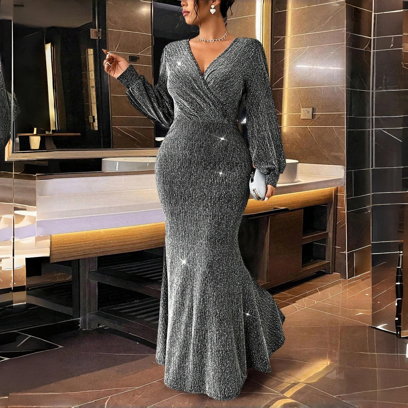 Spring Plus Size Fashion Elegant Temperament Dress Long Sleeve V Neck Slim Evening Gown Formal Party Prom Cocktail Dress Silver Bazaare Mart