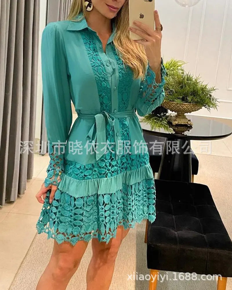 Spring Summer Lace Hollowed Out Patchwork Shirt Women's Dress Sexy Elegant Female 2 Piece Suit With Inner Strap Anti Slip Dress Lake Blue Bazaare Mart