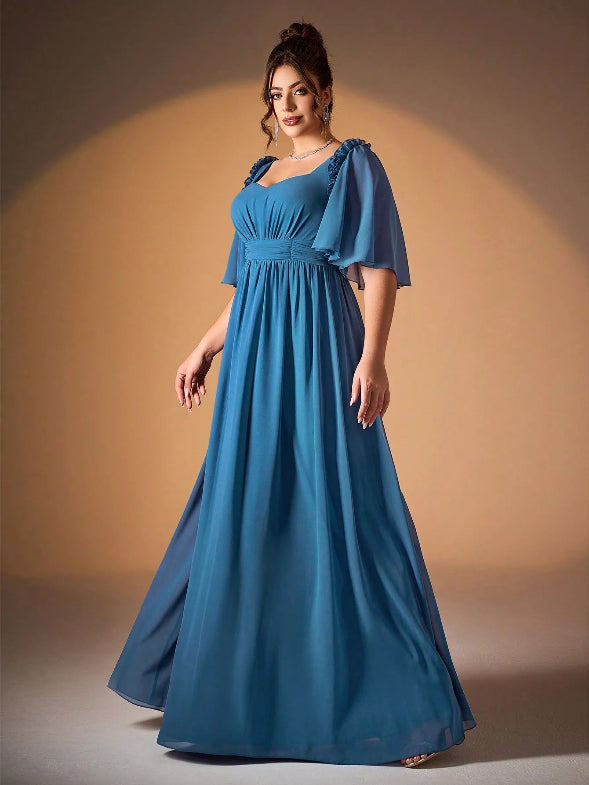 Blue Ruffled Flutter Sleeve Pleated Pearl Chiffon Evening Gown