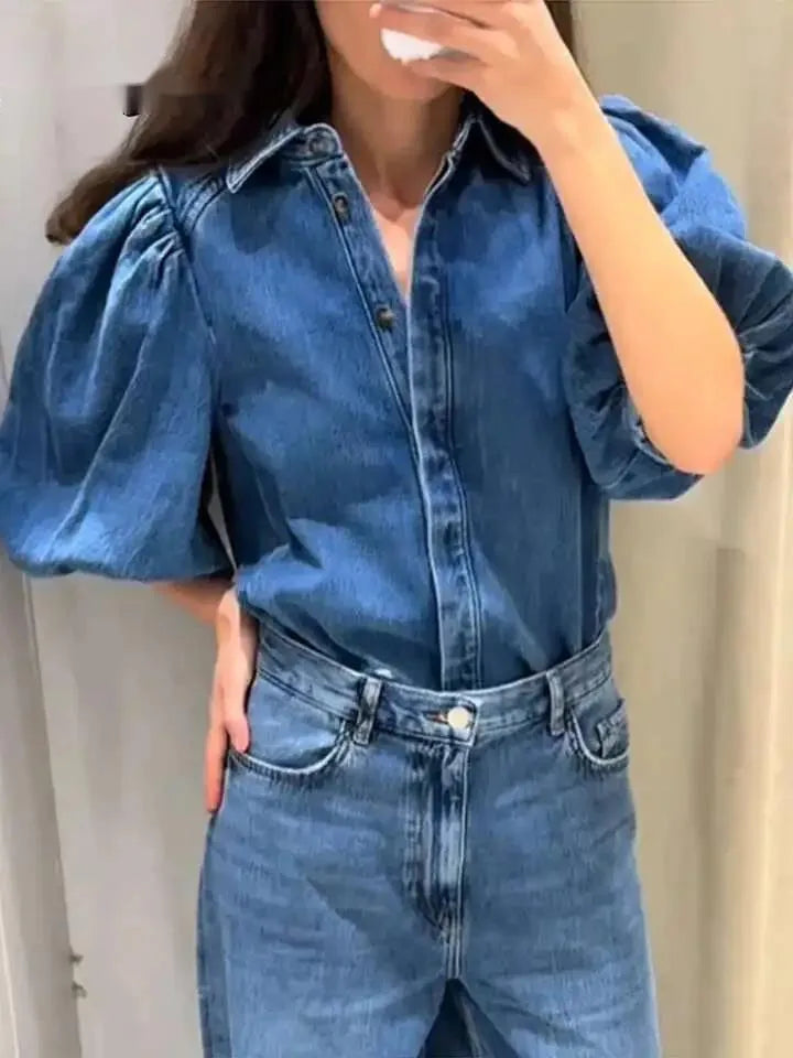Denim Puff Sleeve Shirt & Wide Leg Jeans