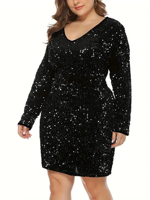 Black Sequin Long-Sleeve V-Neck Holiday Dress Bazaare Mart Black Sequin Dress