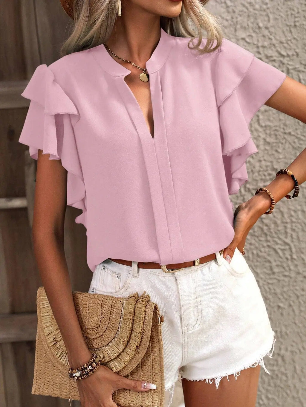 V-neck Ruffle Sleeve Solid Color Blouse