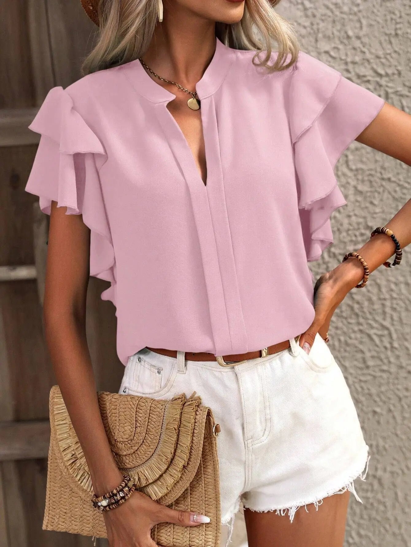 V-neck Ruffle Sleeve Solid Color Blouse