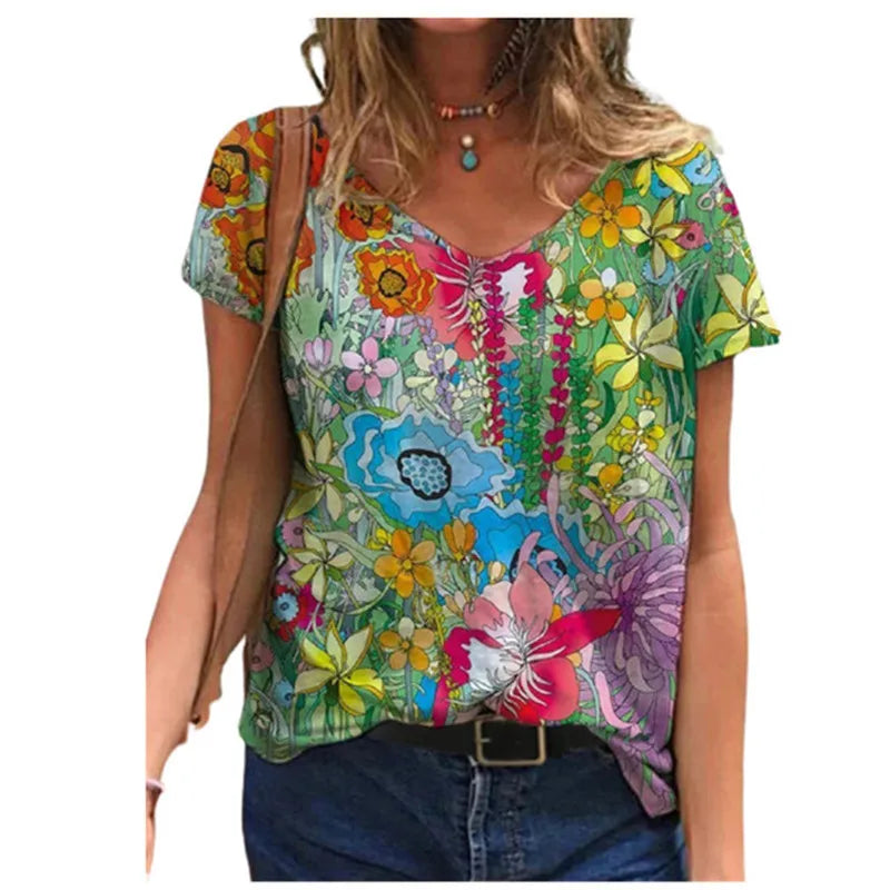 Women's Floral 3D Print V-Neck T-Shirt