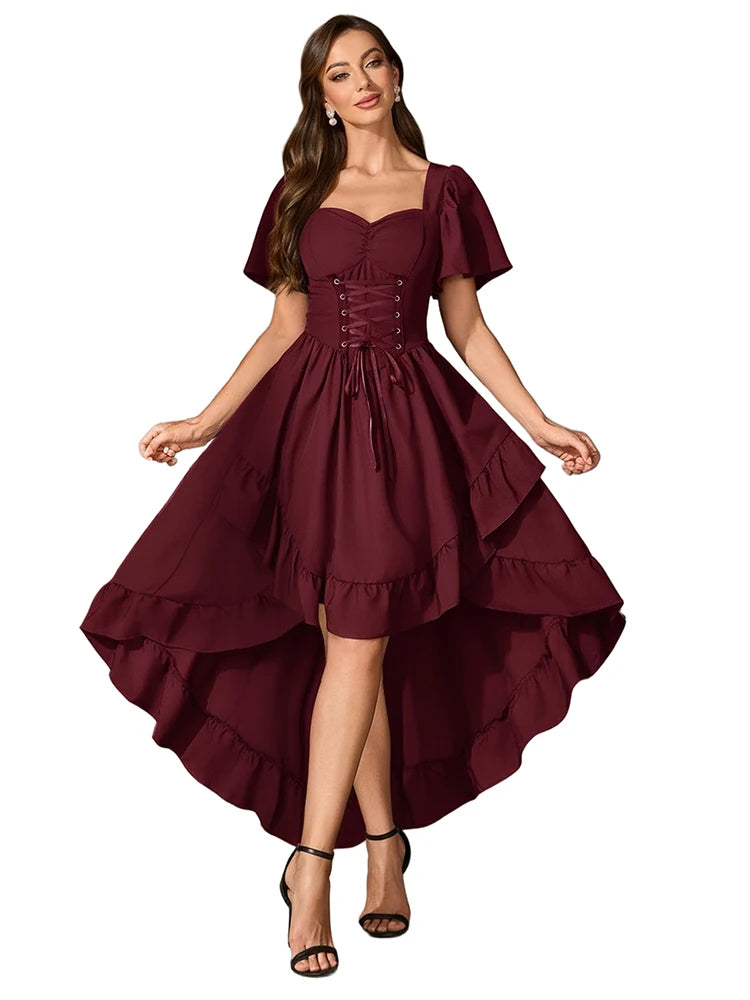 Burgundy High-Low Renaissance Dress with Corset-Style Bodice