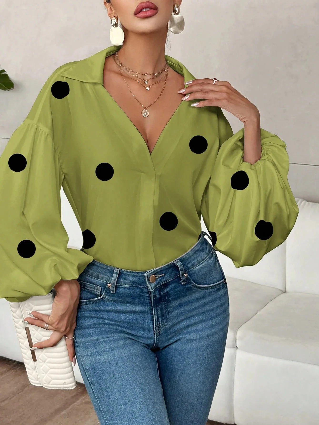 Boho Women's Blouses Spring Fall New Fashion French Polka Dot Half-neck Design Loose Puff Long-sleeve Top Casual Shirts Women Bazaare Mart