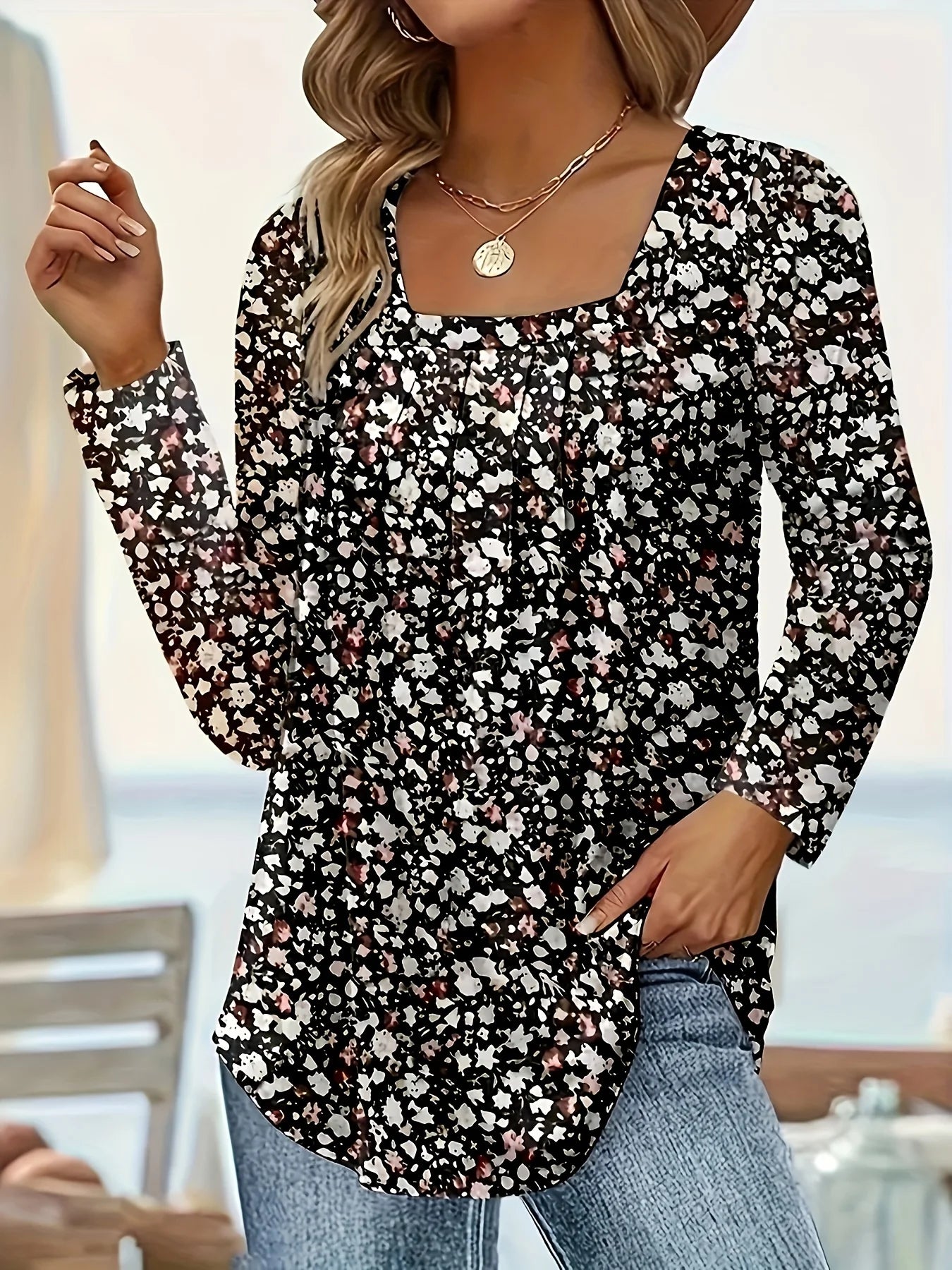 Women's Square Neck Printed Long Sleeve Blouses
