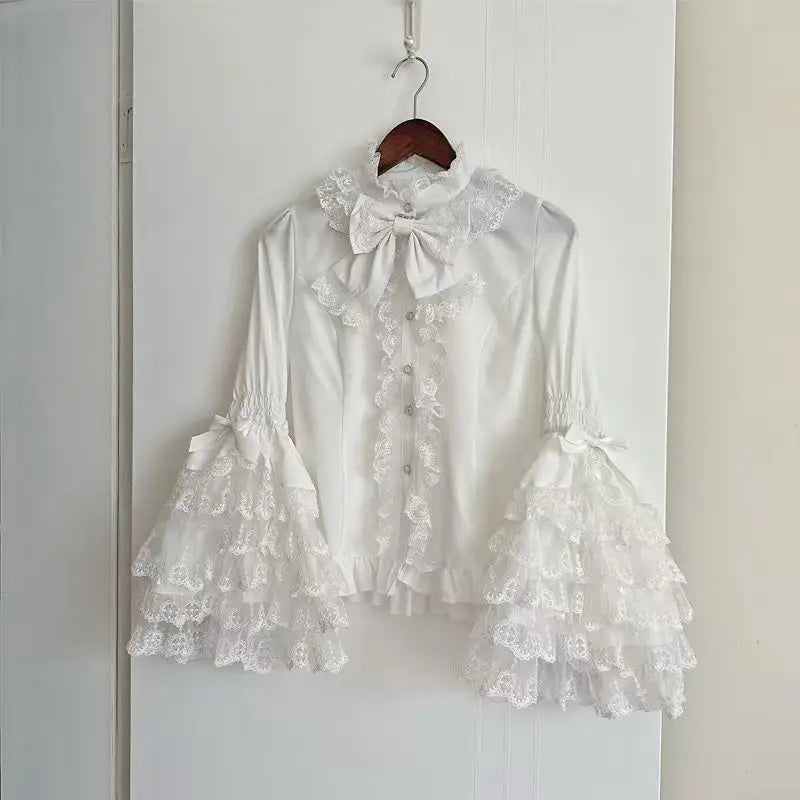 Dark Sweet Heart Ground Type Lolita Set, Ruffle Sleeve Top & A-line Skirt, Cute Kawaii Japanese Style Gothic Coord Outfit S-XL white shirt 22 Bazaare Mart