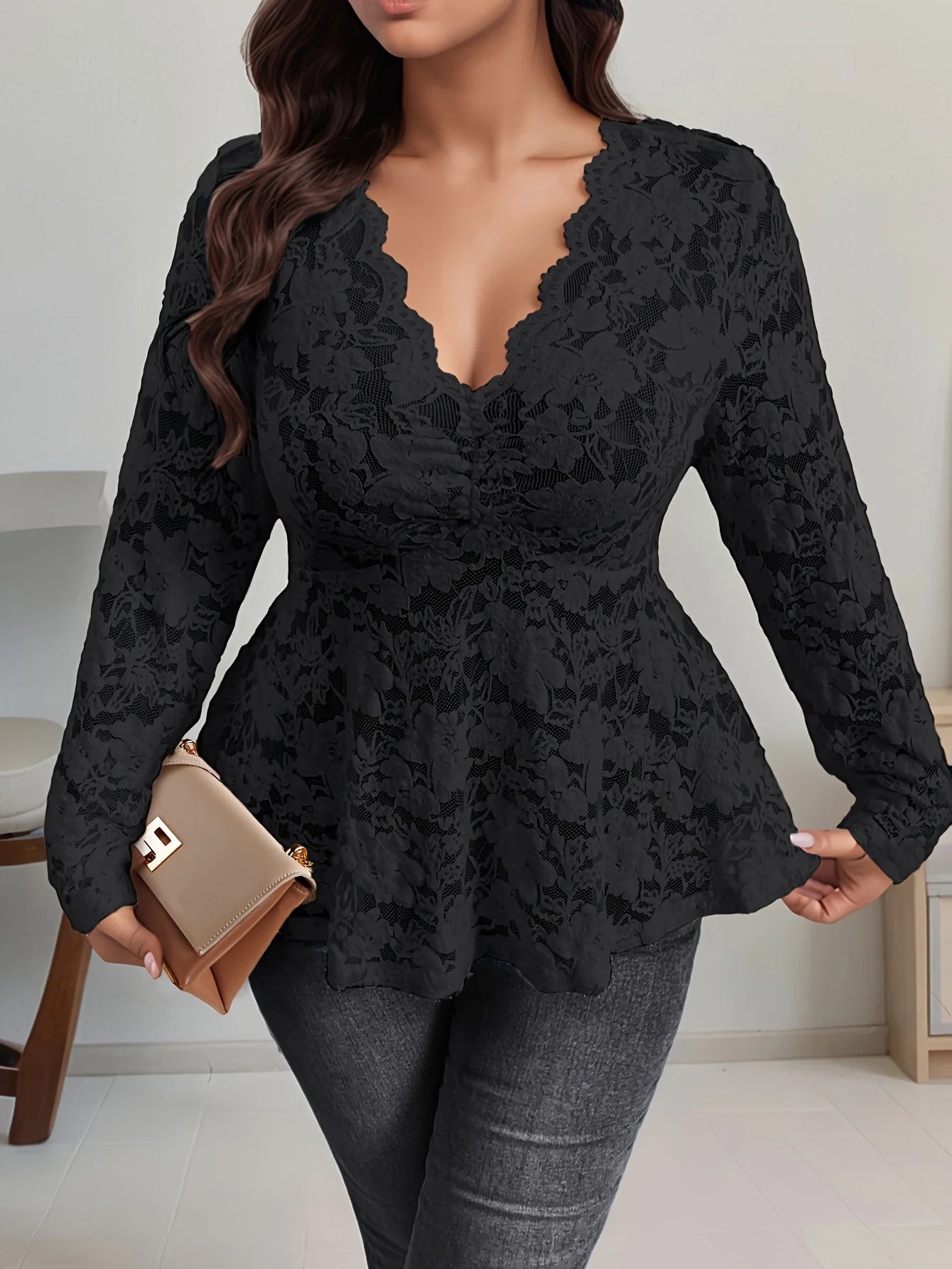 Women's Elegant Long Sleeve Lace Top – Stylish Floral Lace Blouse for Casual & Dressy Wear black Bazaare Mart Lace Blouse