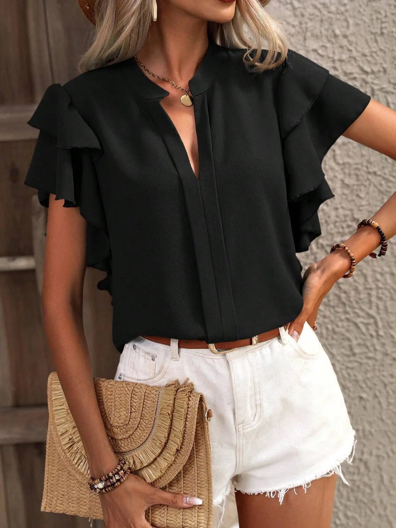 V-neck Ruffle Sleeve Solid Color Blouse