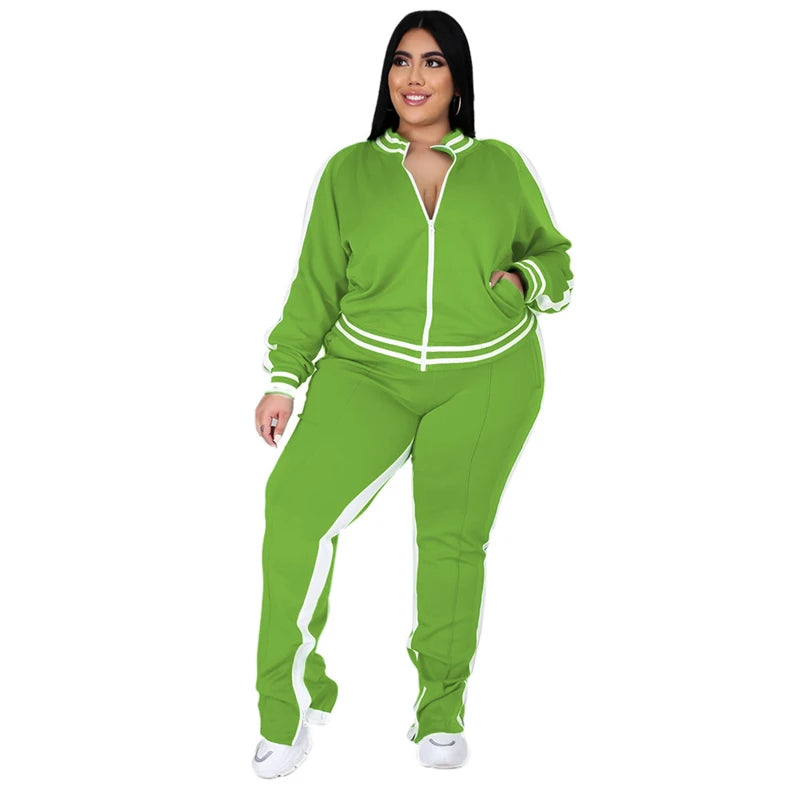 Plus Size Fluorescent Striped Cold Shoulder Tracksuit