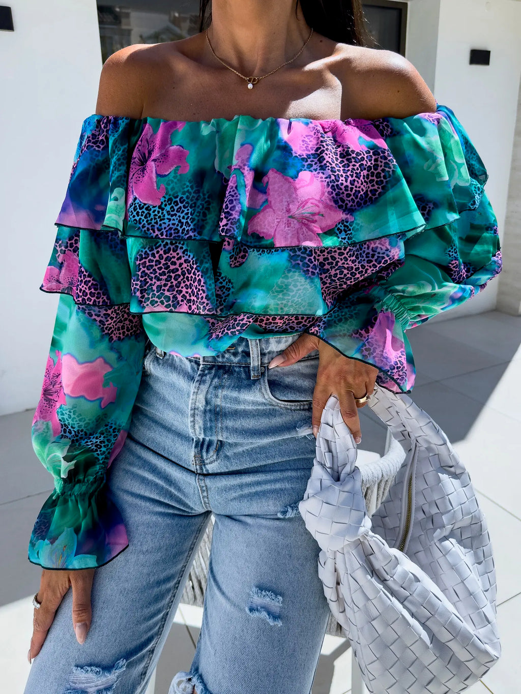 Women Off Shoulder Ruffle Blouse Long Sleeve Floral Print Sheer Chiffon Top Tiered Layered Design Fashion Casual Summer Blouse Bazaare Mart