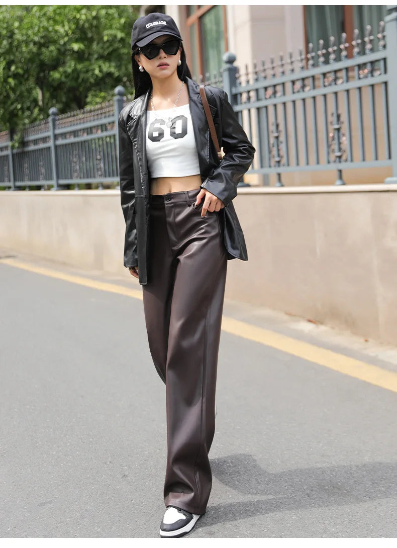 Winter Fleece PU Leather Wide Leg Pants Bazaare Mart Winter Fleece PU Leather Wide Leg Pants