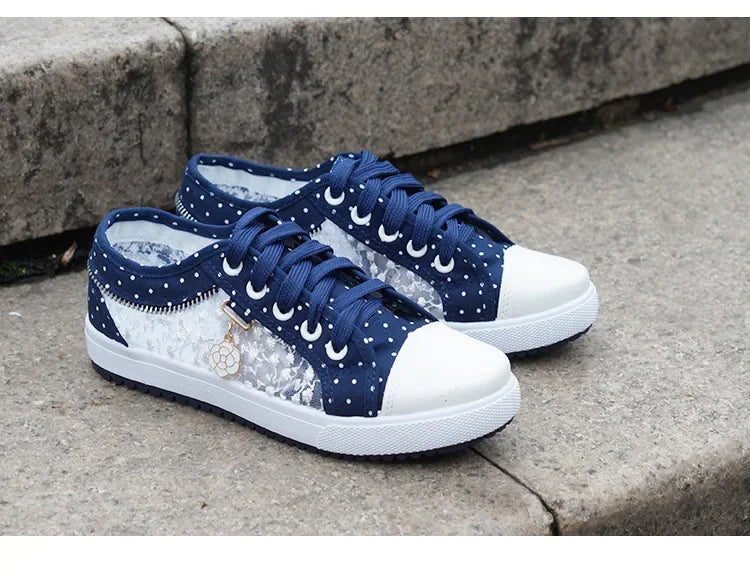 Unique Hollow Mesh Polka Dot Denim Sneakers