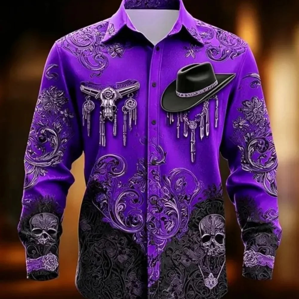 Men's Retro Floral Print Button-Up Shirt – Long Sleeve Bohemian Style