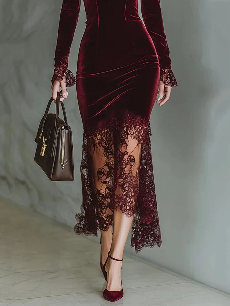 Claret Velvet-Look Midi Dress with Sheer Lace Hem