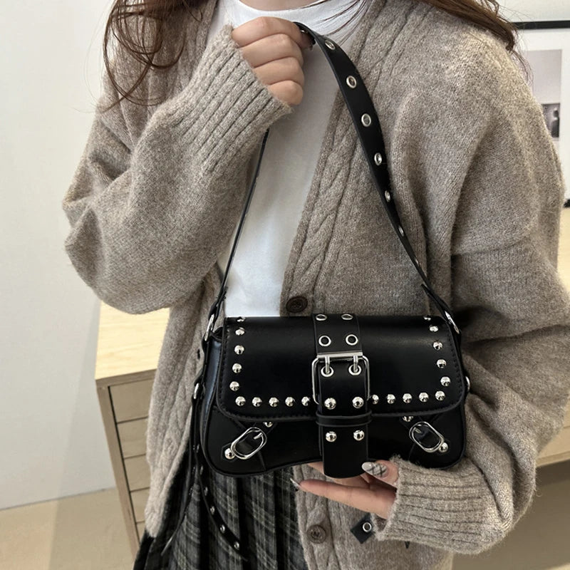 Studded Baguette Shoulder Bag – Faux Leather Punk Rock Shoulder Purse with Buckle & Rivet Details Bazaare Mart Shoulder Purse